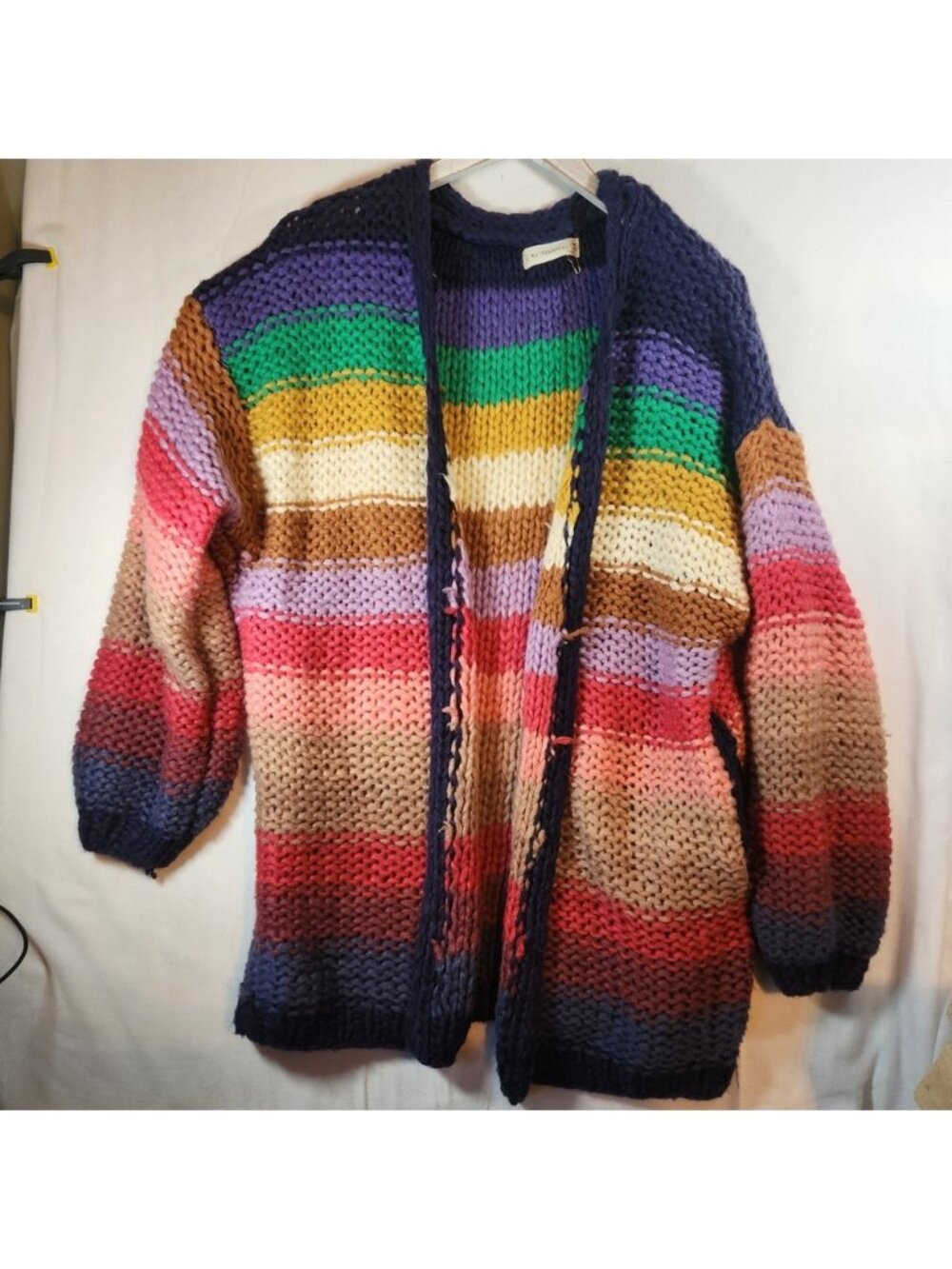 By Together Rainbow Striped Chunky Knit Cardigan Sweater One Size Oversized Boho